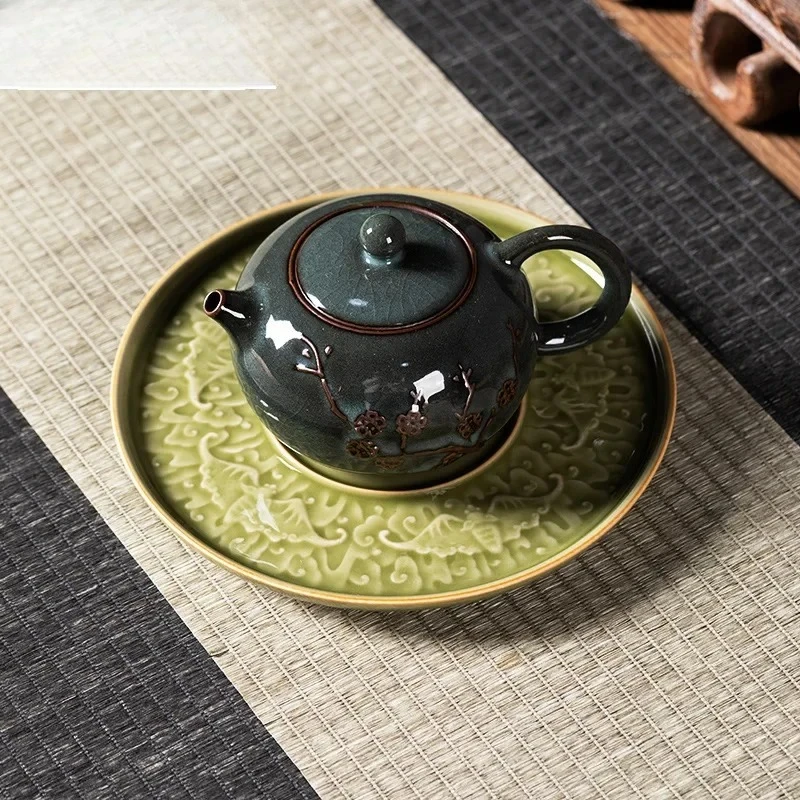Handmade Longquan Celadon Pot Bearing Holder Five Blessings Dry Foam Table Tea Tray Holder Fruit Plate Kung Fu Tea Accessories