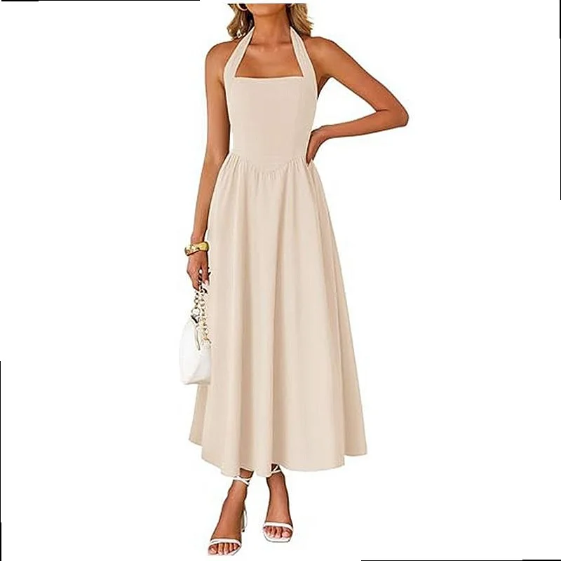 Women's Sleeveless Halter Neck Off Shoulder Ruched High Waist Pocket Dress Dresses Spring Summer