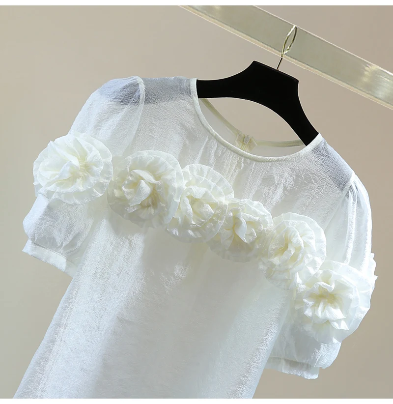 Blusa flor tripulação pescoço manga curta chiffon camisa feminina 2025 verão brilhante zíper atrás pulôver blusas damasco topo