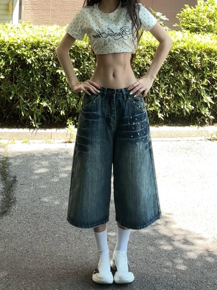 Sweet Cool Spicy American Style Rhinestone Denim Seven-Foot Pants Women Summer Design Loose Slim Straight Leg Wide Leg Mid-Pants