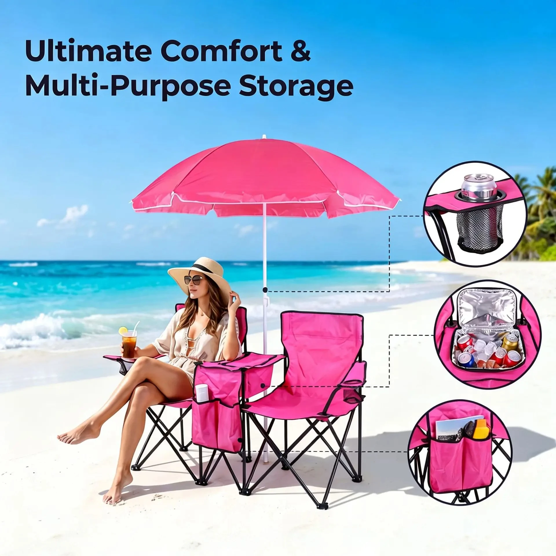 Outdoor Double Beach Leisure Chair Detachable Sun Umbrella Portable Camping Foldable Seat with Cooler