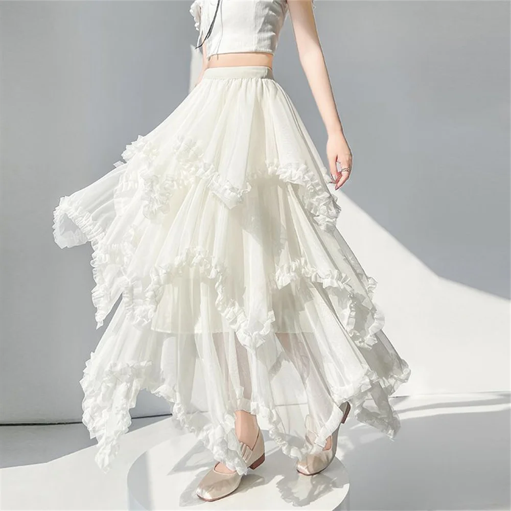 Super Fairy Laminated Fungus Edge Mesh Cake Skirt 2026 Autumn Spring Winter New Irregular Fluffy Skirt Women Tutu Pleated Skirt