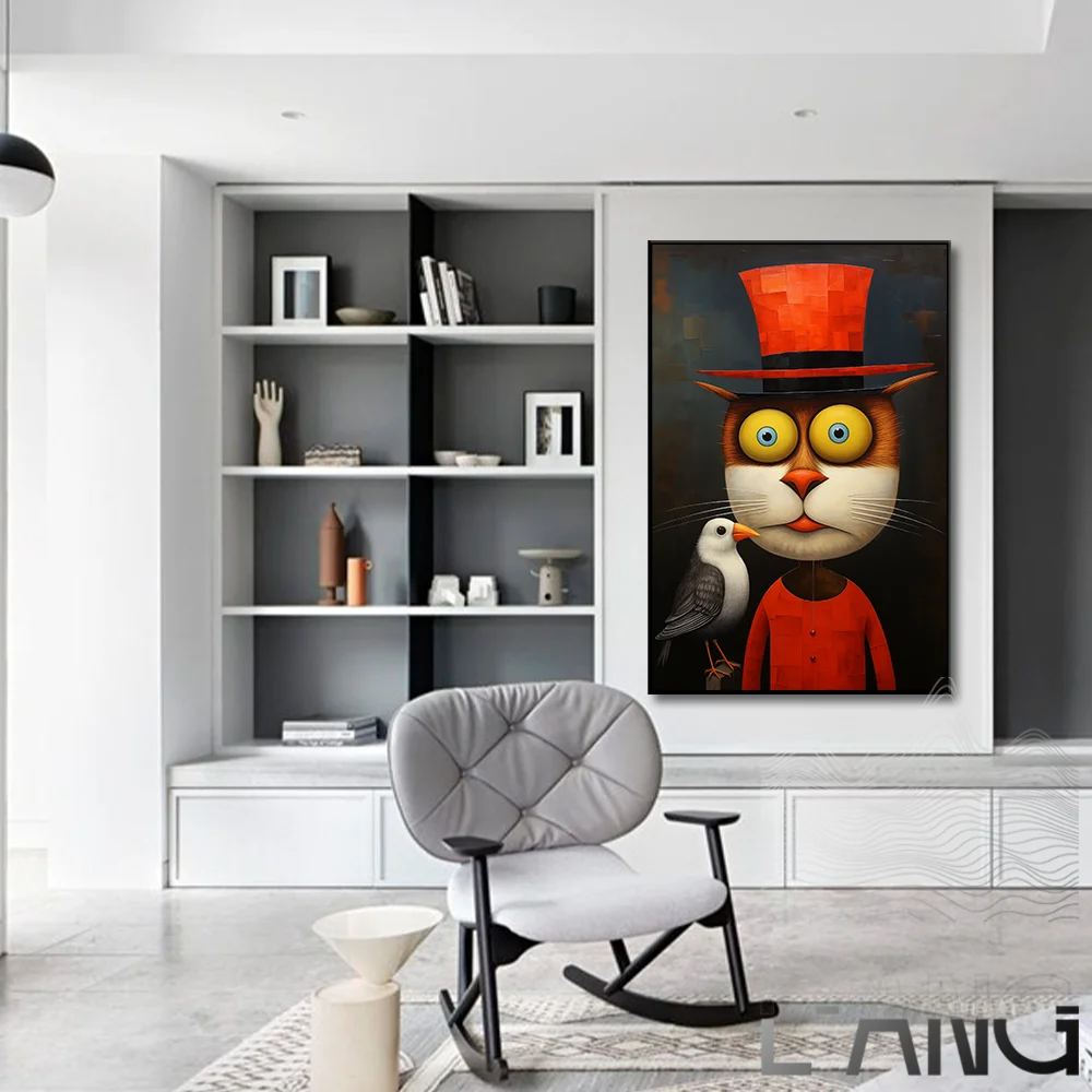 

Abstract cat Owl wearing hat color contrast art canvas printed poster Living room cafe home wall decoration painting Original