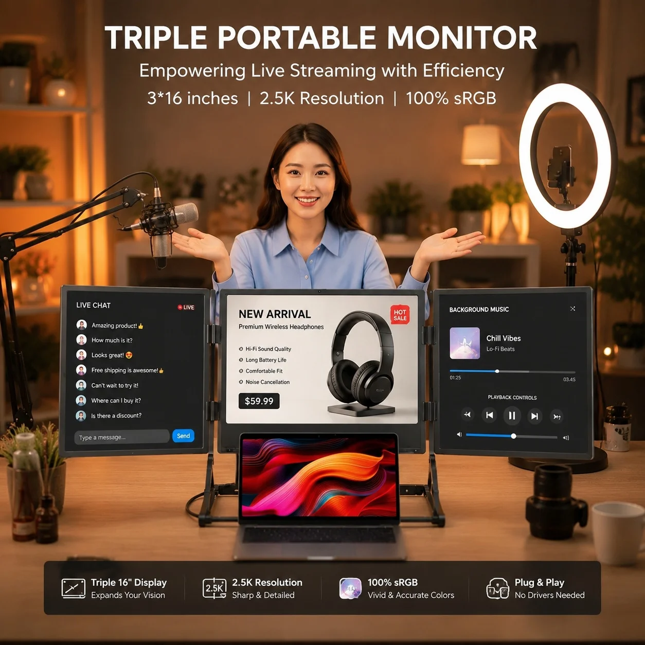 1080p Portable Monitor Upgrade Triple 16 Inch Aluminum Ultra Bright 2.5K IPS Laptop Screen Extender Clear Trading Chart View