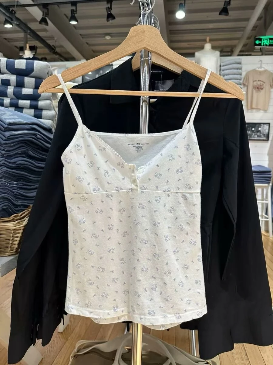 

Brandy Girl Lace Trim Two Button Teddy Bear Print Csole Vest Women's Top Street Sle Cotton Blend Spring Summer Faion