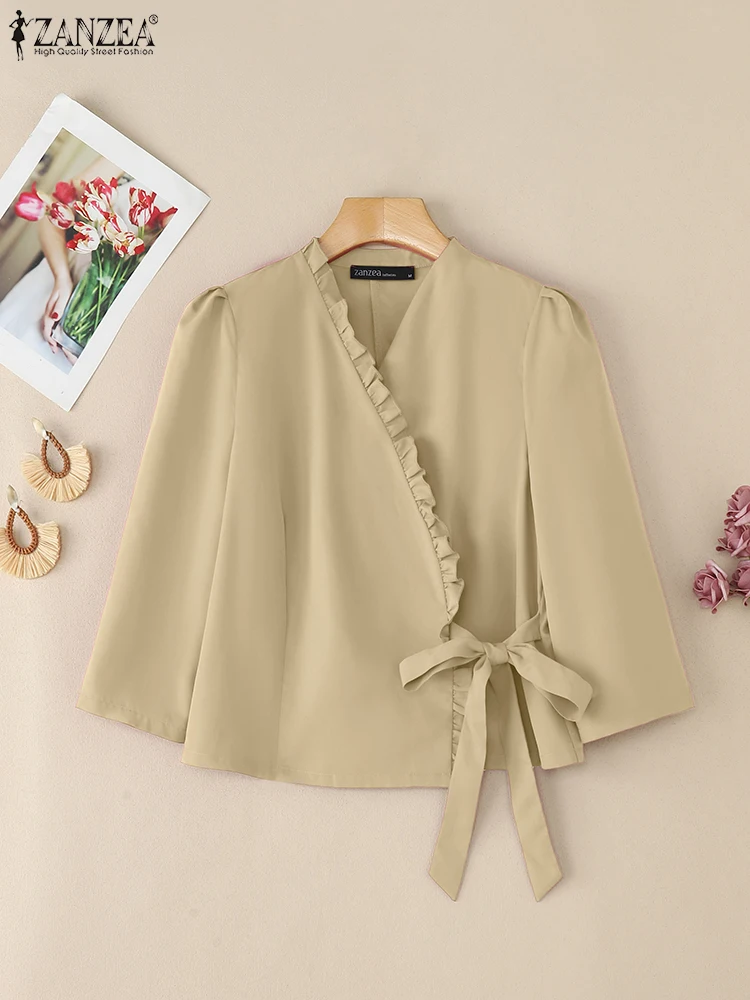 بلوزة نسائية لعام 2025 بأكمام طويلة ورقبة على شكل V من ZANZEA بلوزة خريفية أنيقة متينة قميص عمل غير رسمي برباط علوي للعطلات Blusas Mujer #1