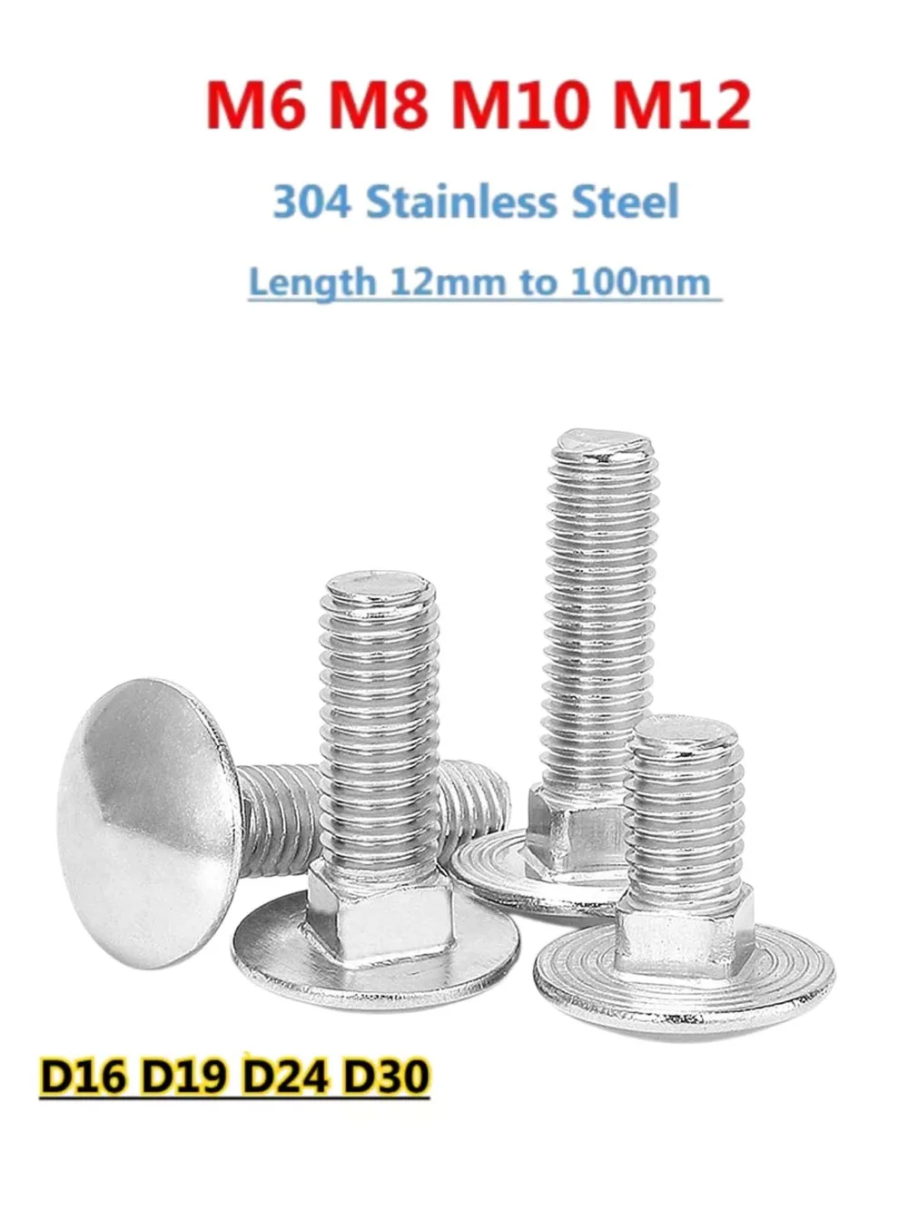 DIN603 304 SS Carriage Bolt, M6 M8 M10 M12 Round Head Square Neck Coach Screw, 12‑100mm Hardware for Wood Metal Connection