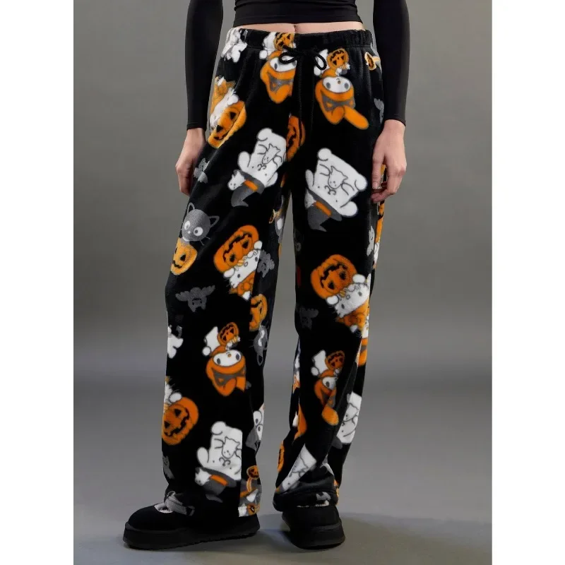 Halloween Flannel Pajama Pants Hello Kitty Pumpkin Print Womens Wide Leg Soft Fleece Sleepwear Home Trousers Gift