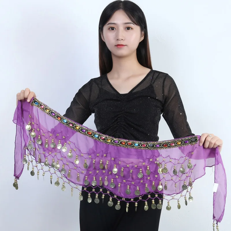 Belly Dance Sequins Chiffon Skirt Costumes Shiny Colored Diamond Tassel Waist Chain Belts India Arab Dance Wrap Show Hip Scarf