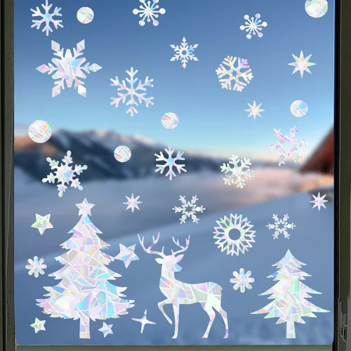 크리스마스 다채로운 눈송이 창 스티커, 엘크 산타 클로스 크리스마스 트리 레인보우 프리즘 벽 스티커, 새해 홈 침실 장식 