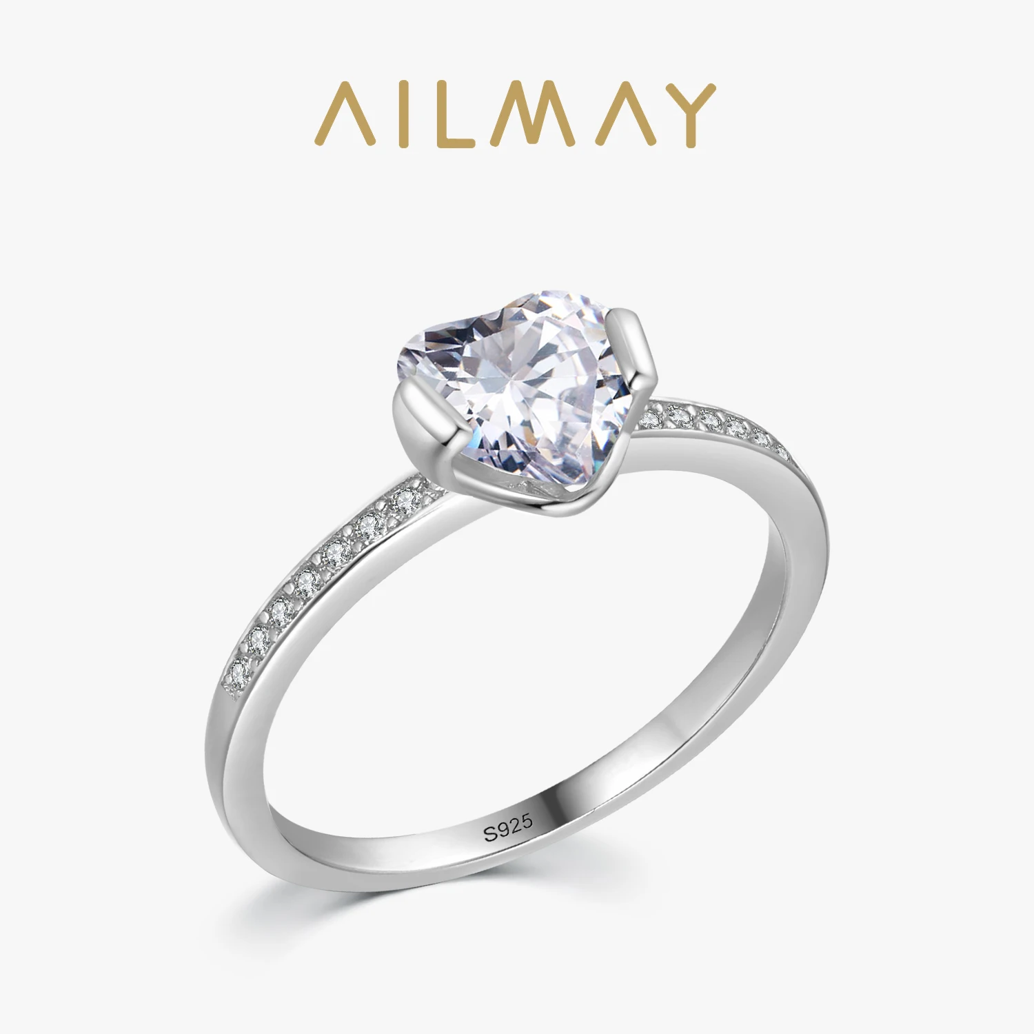 Ailmay-Anillo de Plata de Ley 925 para mujer, deslumbrante corazón brillante, CZ, compromiso de boda, joyería femenina fina