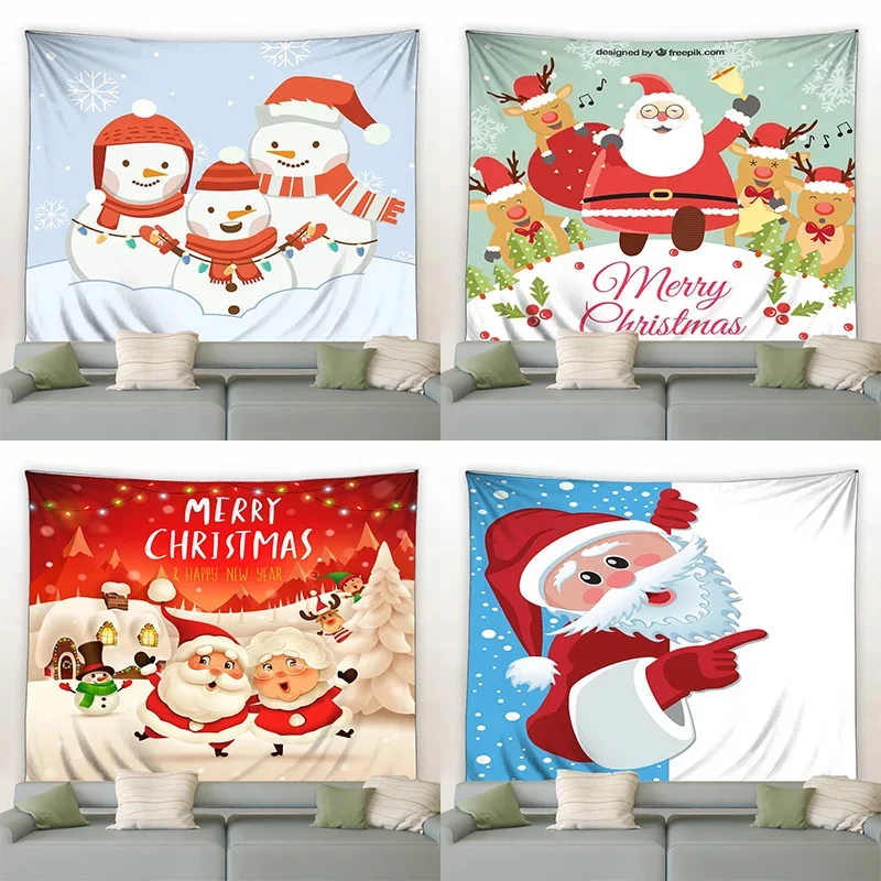 Cartoon Santa Claus Pattern Tapestry Home Bedroom Living Room Wall Decoration Christmas Theme Tapestry