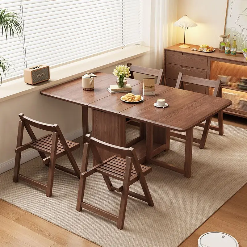 All solid wood folding dining table household small apartment dining table rectangular dining table and chairs foldable folding