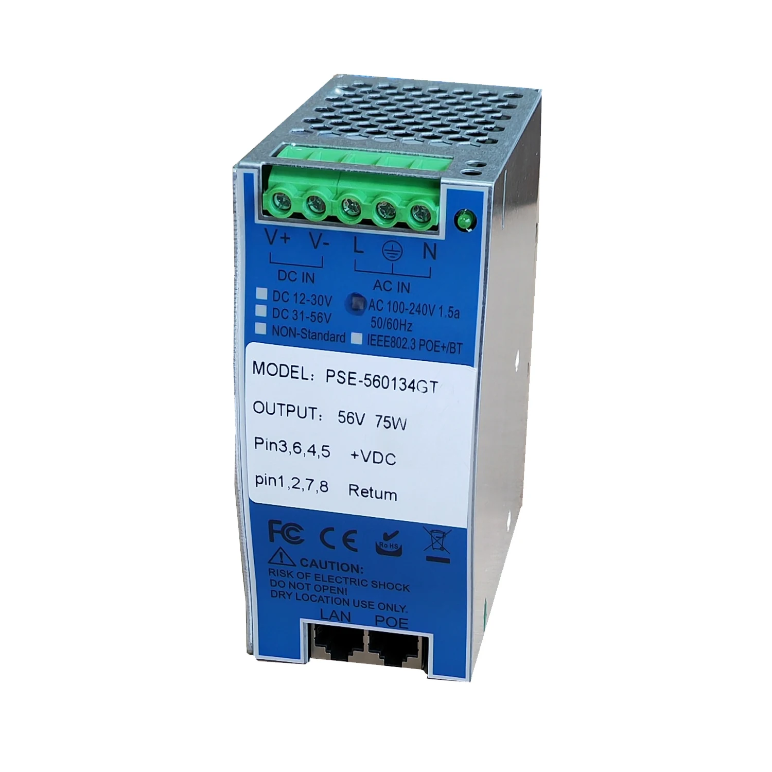 DIN Rail Industrial POE Injector Midspan AC Or DC Input Max 75w 802.3BT/AT