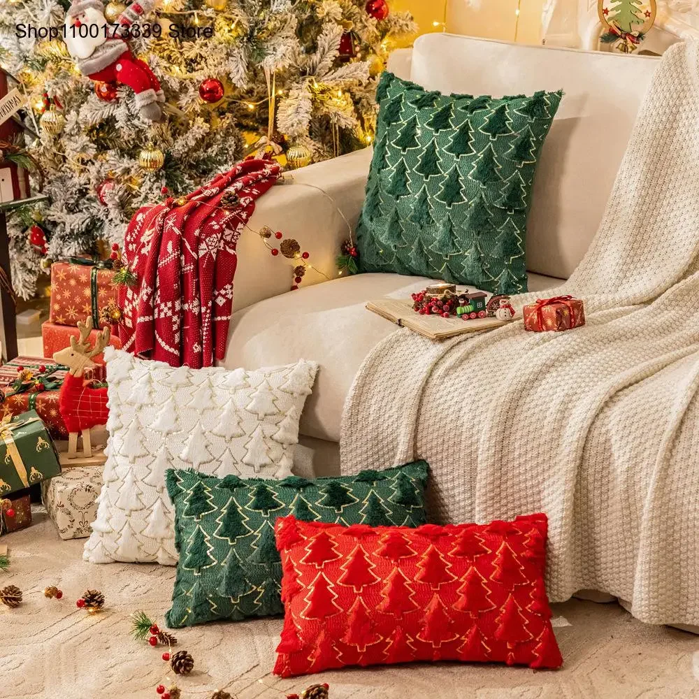 [Only Includes Pillowcase] Christmas Tree Glitter Plush Pillowcase Holiday Embroidery Living Room Sofa Cushion Cover Decoration