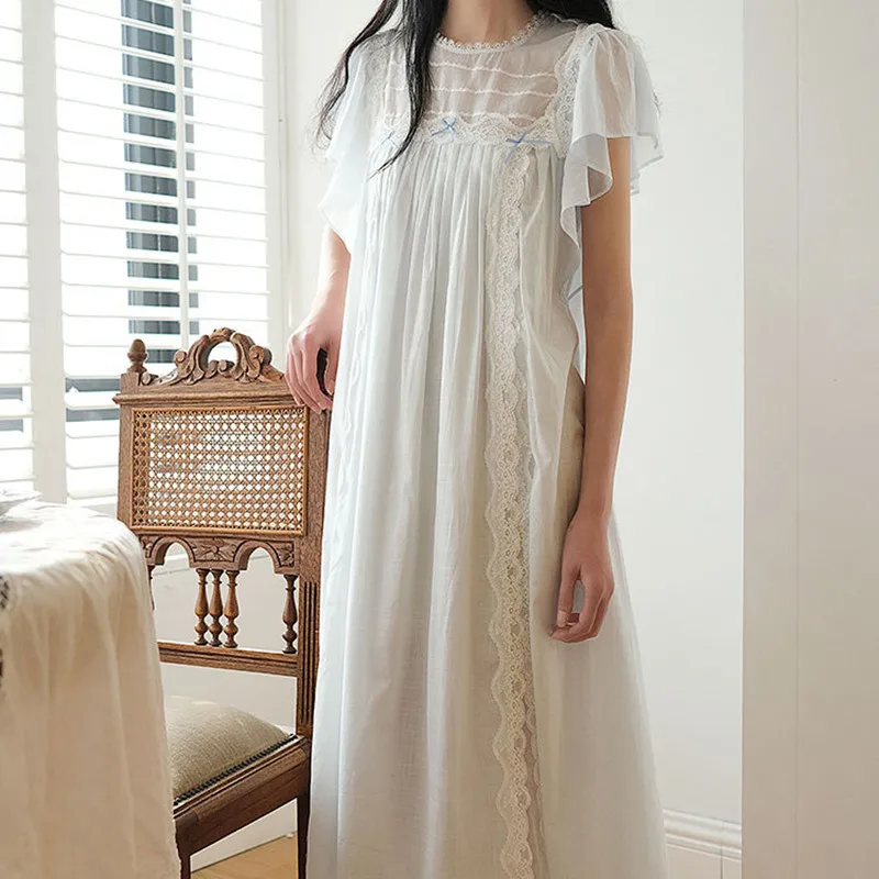 Women Simple Round Collar Cotton Nightdress Princess Vintage Lace Long Mid-Calf Nightgowns Casual Loose Short Sleeves Nightie