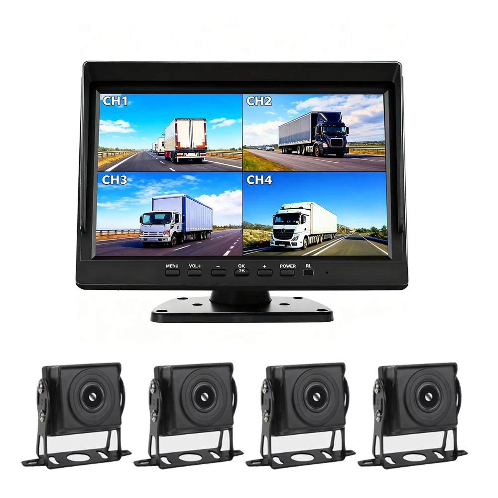 

10.1\" FHD 1080P RV Truck Trailer Backup Camera Monitor DVR System Rear Front Reverse View 4 Split Recorder Car Reversing 1 Year