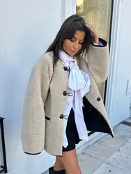 Abrigos térmicos de lana de cordero para mujer, chaquetas elegantes de manga larga con cuello redondo y una botonadura, ropa de calle gruesa y cálida para mujer 2024