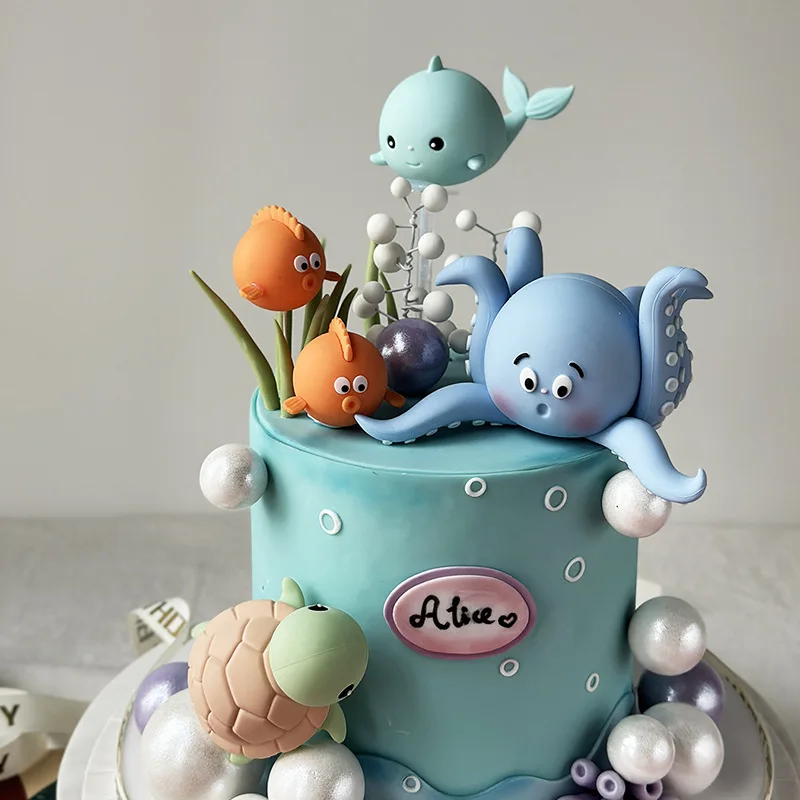 Sea Animal Cake Topper Ocean Themed Kids 1st Birthday Cake Decoration Under the Sea Party Octopus Turtles Whales Baby Shower