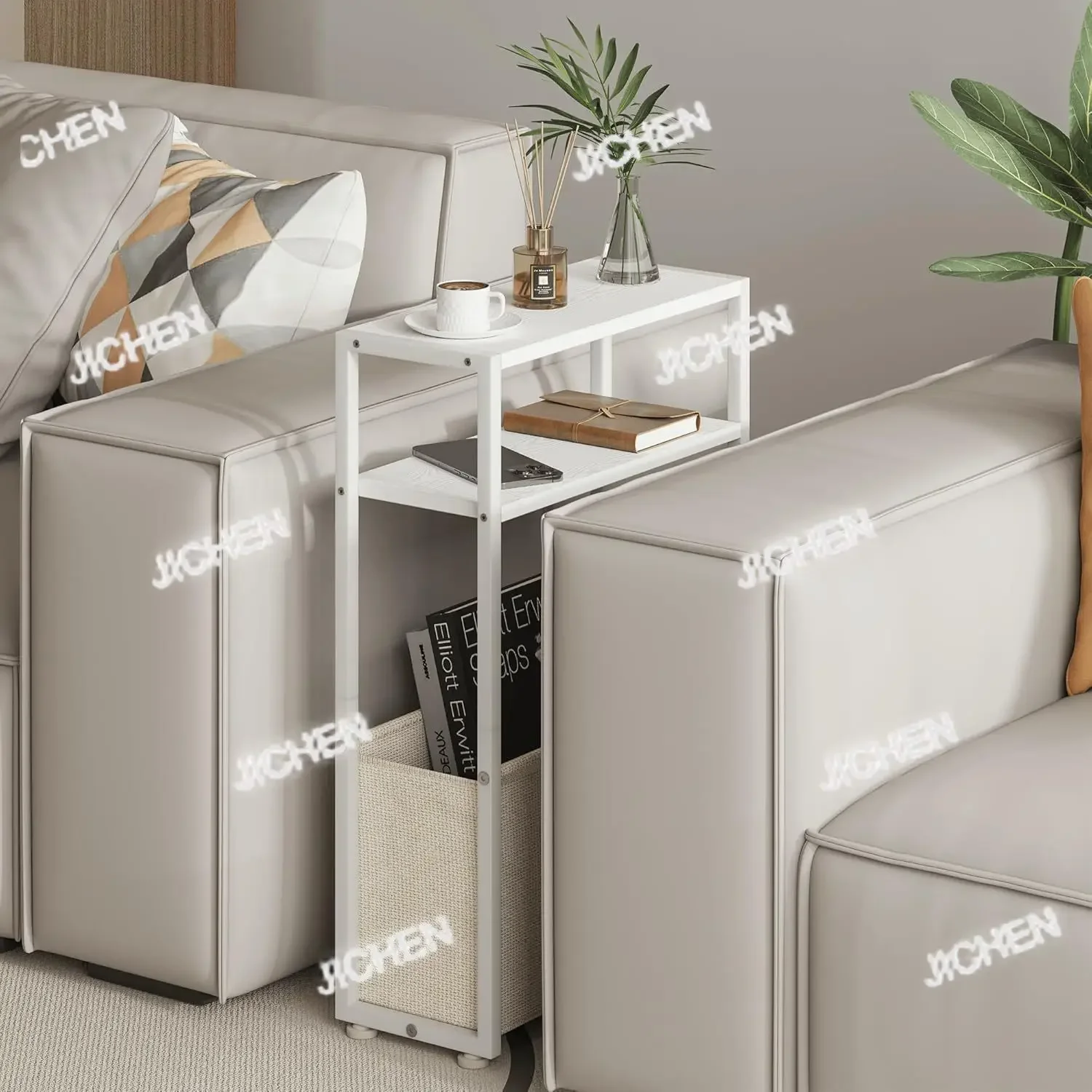 

Neu versandte Artikel Sofa Side Table with Storage Basket Iron Wood Art Small Space Living Room Movable Sofa Side gho