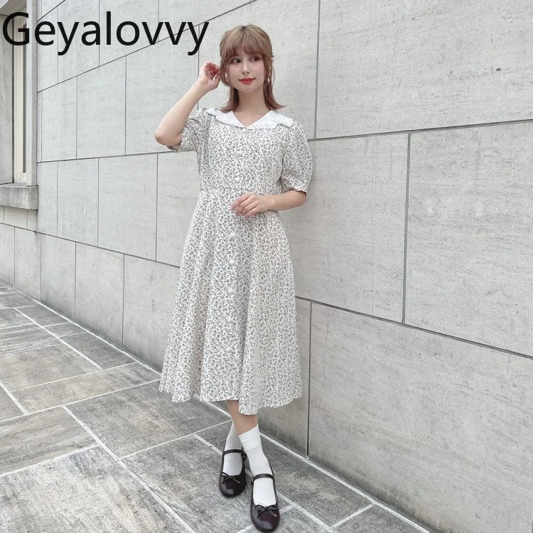 

Japanese Elegant and Fresh Daily Retro Literary Floral Single-breasted Dress Summer New Lapel Short-sleeved Sweet Cute Dresses