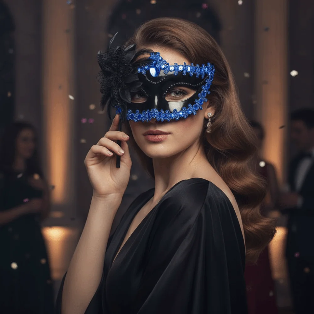 Half Face Cut Masquerade Eye Mask Side Flower Trim Ribbon Tie Closure Feather Face Veil Soft Feather Accent Rhinestone Embedded