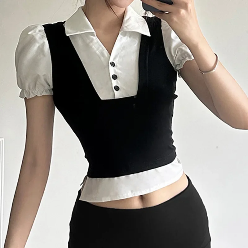 Preppy style fake two design sense puffy sleeve top fashion color contrast patchwork breasted POLO neck small slit T-shirt