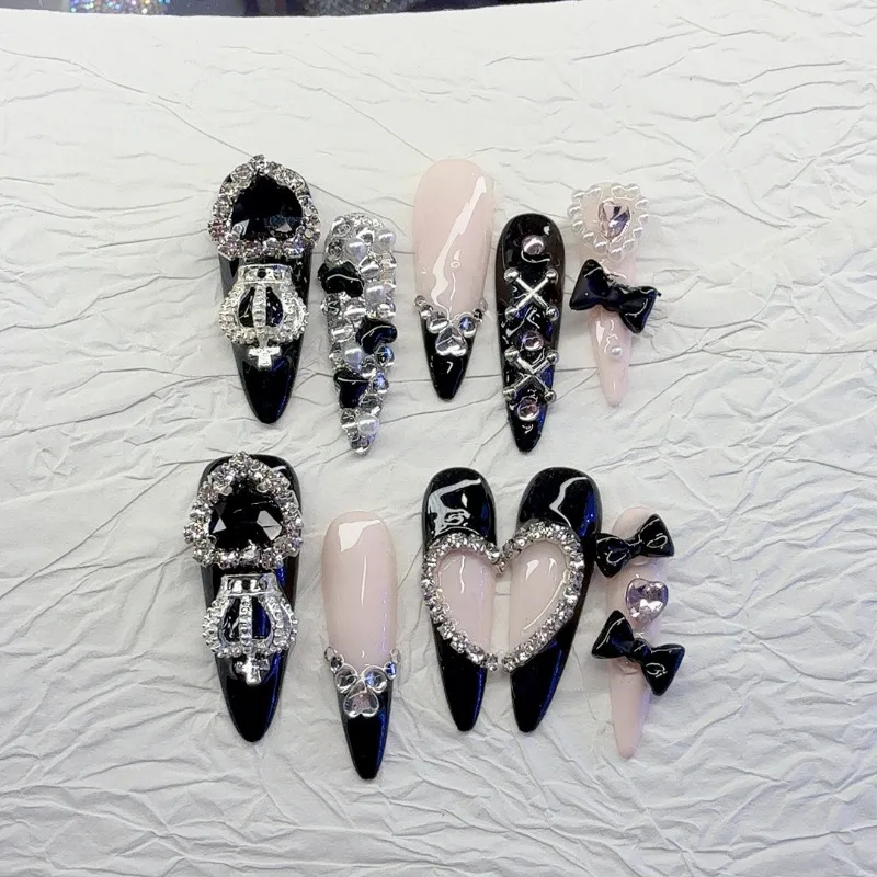 10 uñas postizas hechas a mano, estilo spicy girl, negro y rosa, largas, almendra, con moño metálico pesado 3