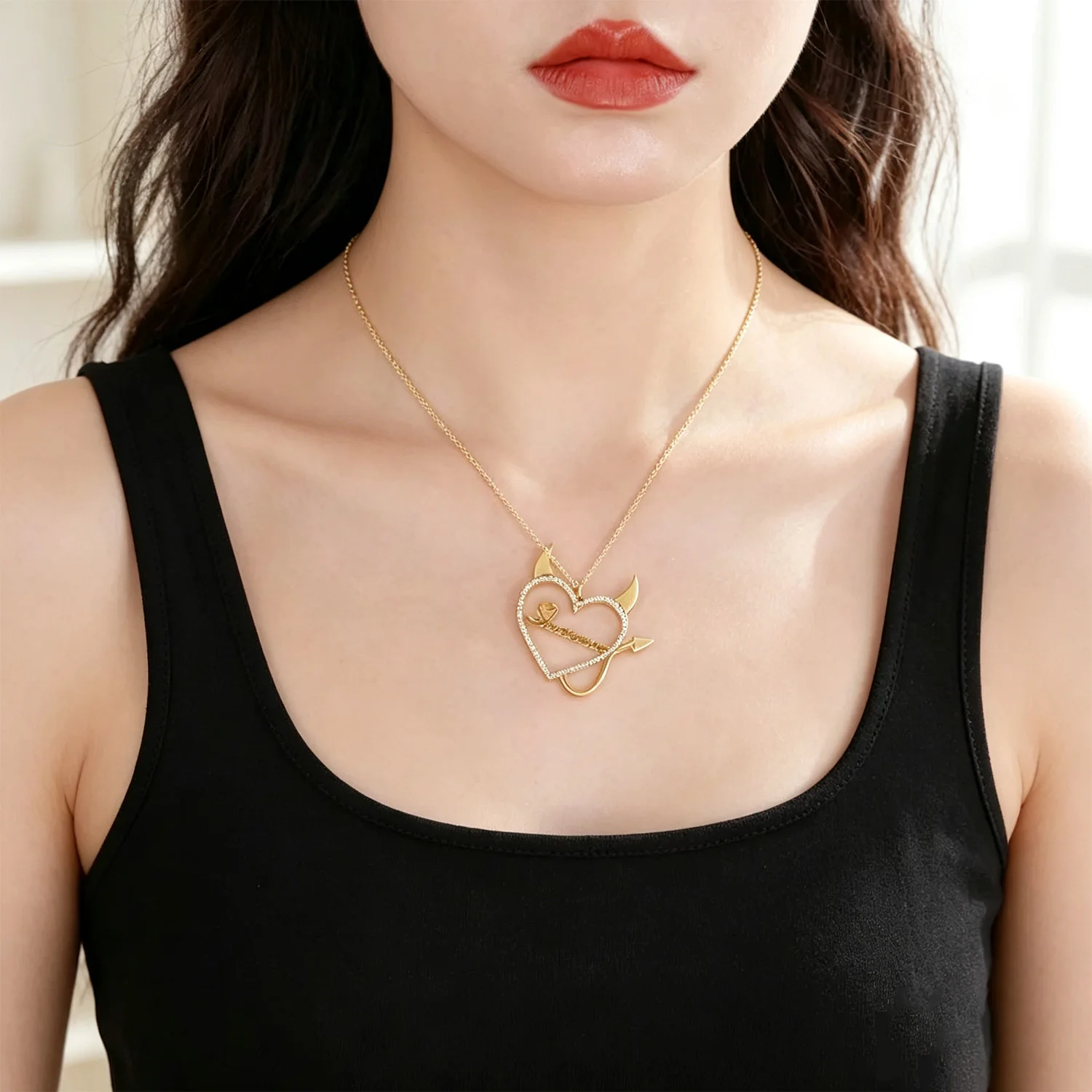 Qitian Custom Name Love Heart Accent Devil Cute Heart Necklaces Jewelry Stainless Steel Necklace For Women Decoration Pendant