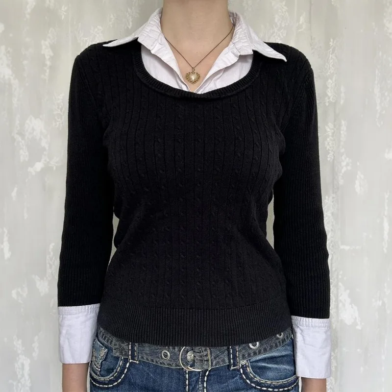 

Женский осенний Y2K Hot Girl, искусственный двухсекционный лацкан, тонкий жаккардовый пуловер с длинными рукавами, свитер