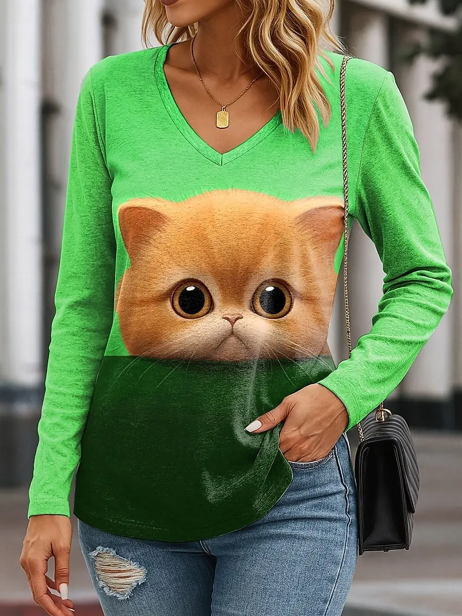 

2025 Women's T-Shirts Graphic Animal Cat Elegant Fashion Tees Long Sleeve T-shirts V-Neck Regular Tops Pullover Fall Winter