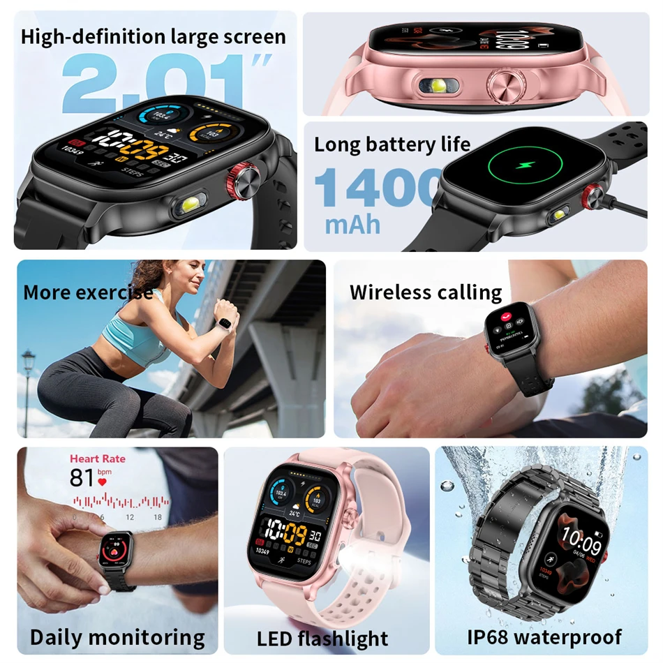 Neue Langlebige 1400mAh Batterie Smartwatch für Männer IP68 Wasserdicht LED-Taschenlampe 2,01" HD Bluetooth-Anruf Sport-Smartwatch für Frauen 2026 – Detail 2