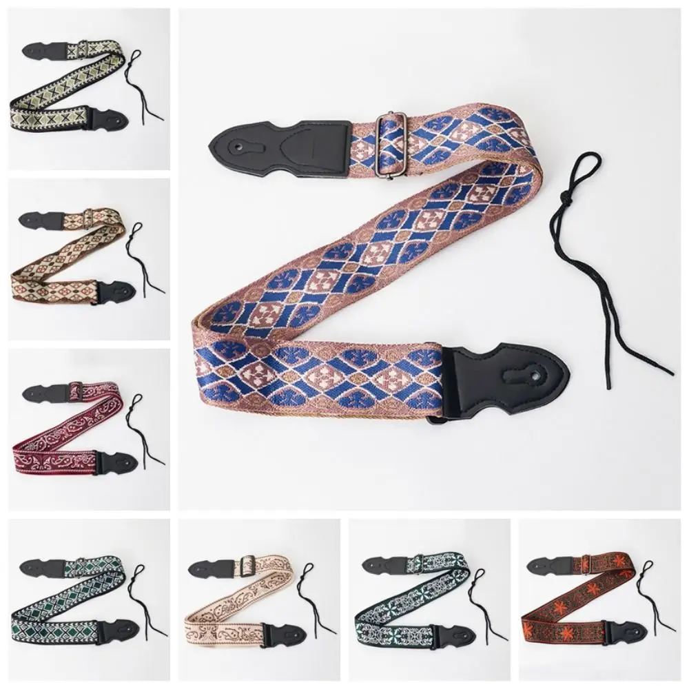 Vintage Guitar Strap Adjustable Polyester Electric Guitar Belts Embroidered Print Pure Cotton Guitar Shoulder Belt Ukulele