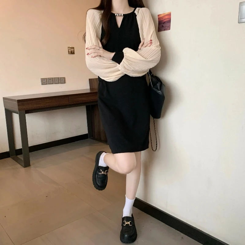 

2024 fall new commuter casual big size women's fashion design waist thin splicing heavy beading dress