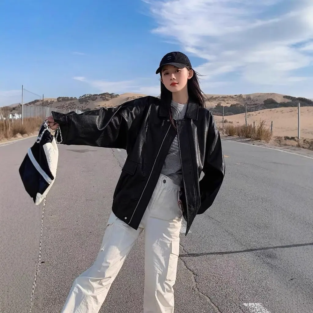 레트로 브라운 가죽 재킷 여성용 숏 스타일 봄 가을 작은 사이즈 한국 버전 루즈 바이커 코트