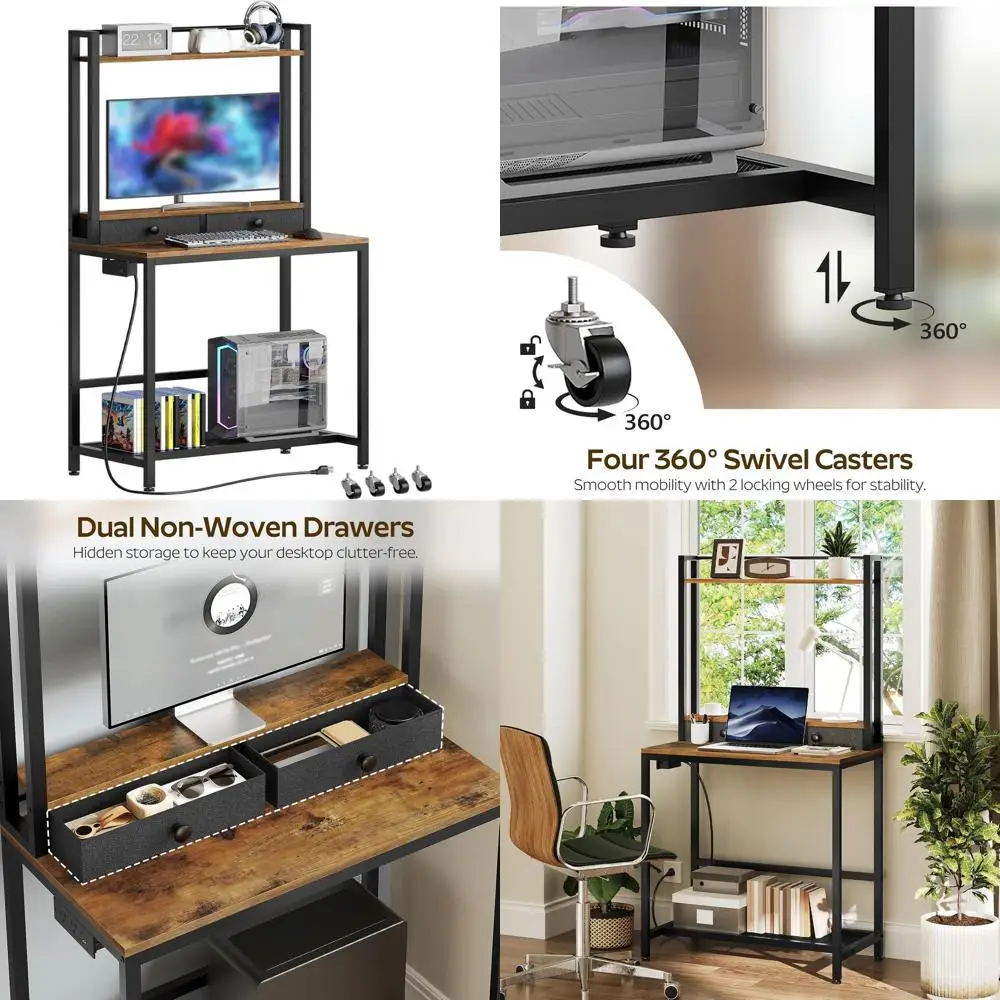 

Elegant Rustic Brown Home Office Desk with Hutch, Power Outlets, and Monitor Stand on Wheels