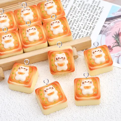 10pcs Lovely Animals Cat Toast Bread Charms for Jewelry Making Findings Kawaii Resin Charm Pendants Flatback DIY Keychain C713
