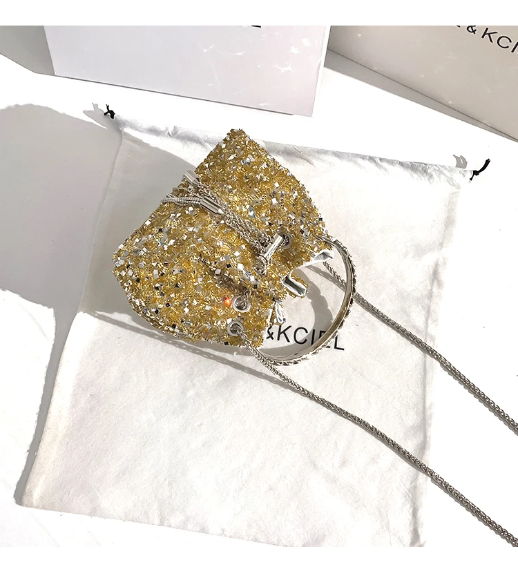 Luxury Designer Glitter Shiny Sequined Evening Clutch Bag Wedding Party Bucket Purse Women\'s Handbag Shoulder Messenger Bag