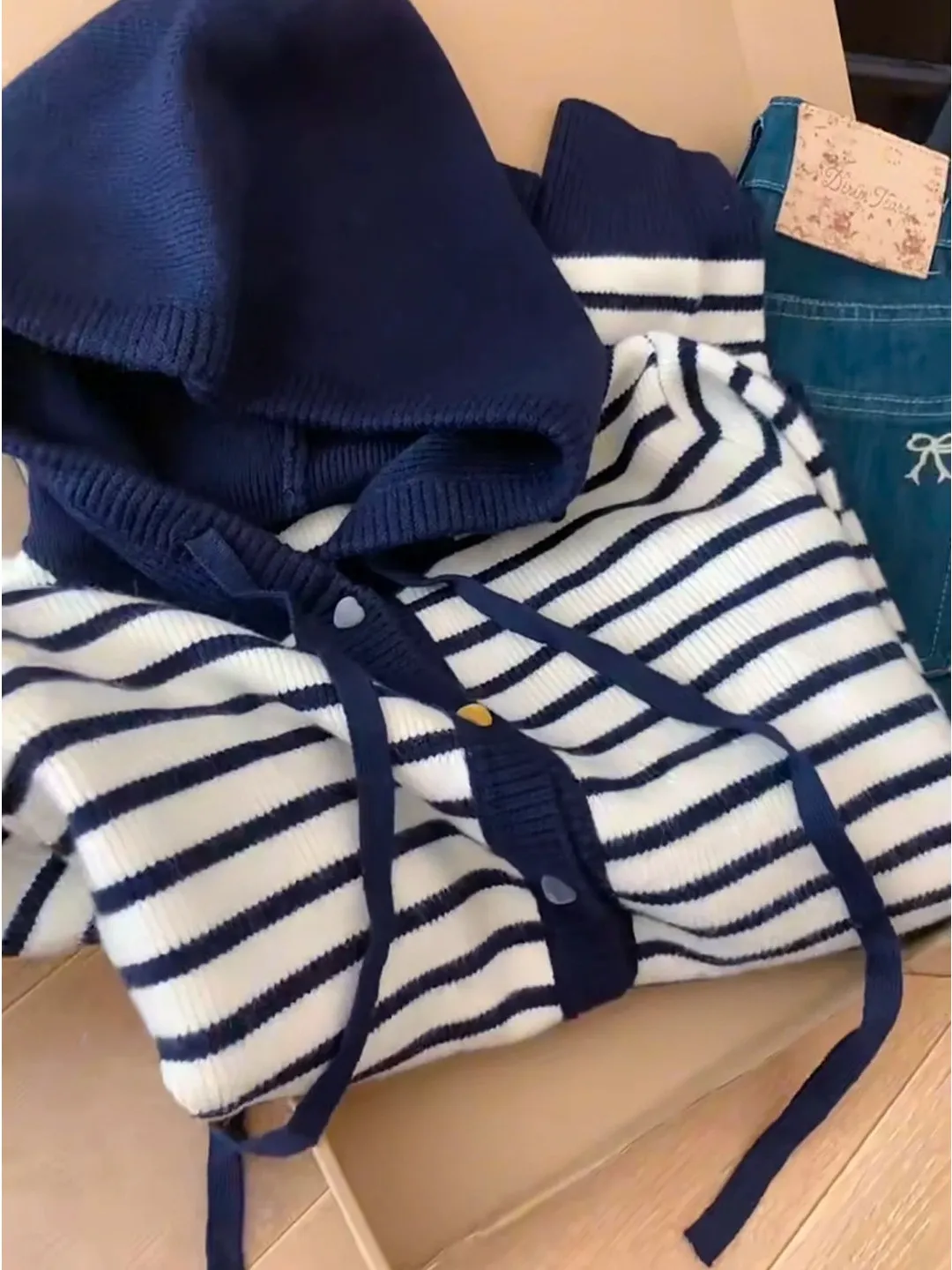 الراقية الأوروبية Sle مخطط اللون بلو محبوك سترة مفتوحة المرأة سترة فضفاضة Jaet الخريف الشتاء عادية تخفيف S...