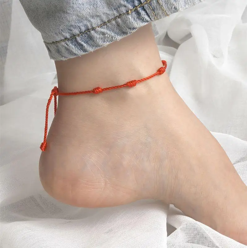 

900F 2Pcs Exquisite Amulet Red String Bracelet Anklets 7 Knots Lover Red String Bracelet Jewelry for Valentine's Day Birthday