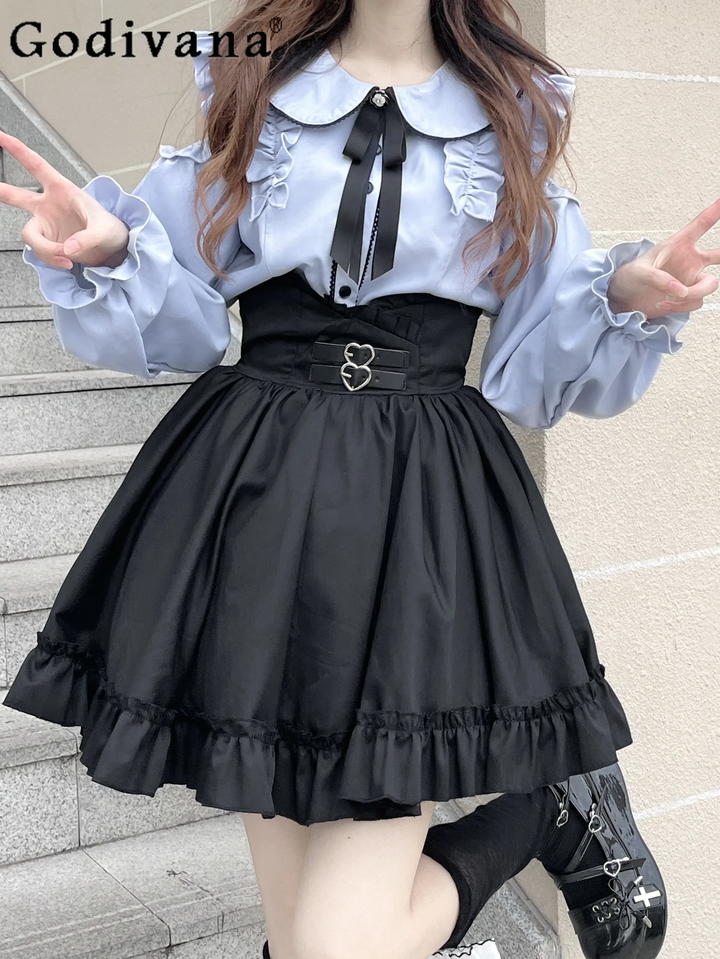 

Girly Sweet Peter Pan Collar off-Shoulder Puff Sleeve JK Blue Shirt Women High Waist Black All-Match Skirt Women Y2k Clothes