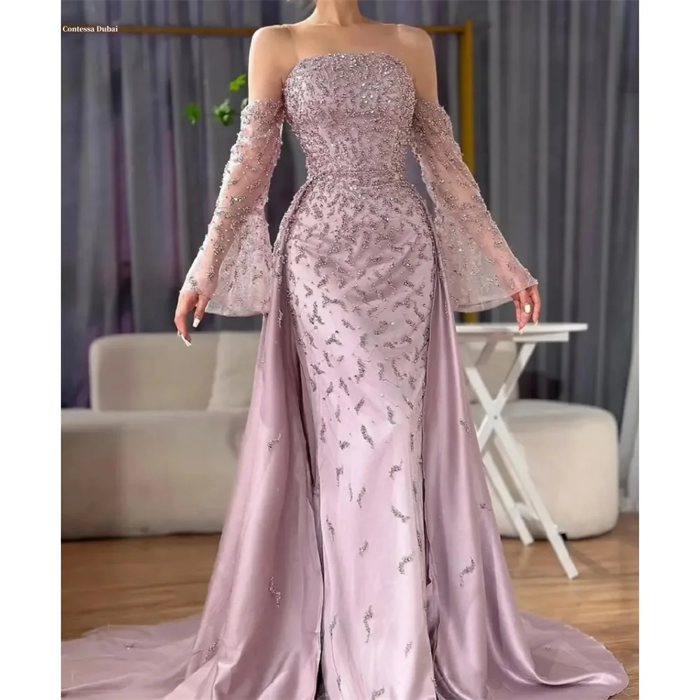 

Contessa Dubai Customized Beaded Detachable Train Mermaid Prom Dresses Floor-length Long Sleeve فساتين سهرة Elegant Party Dress