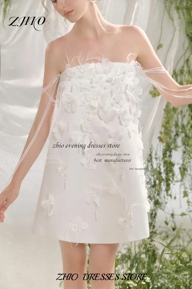 ZHIO Bezauberndes kurzes Brautkleid, trägerlos, mit 3D-Blumen, gerade, ärmellos, nach Maß, Mini-Hochzeitsregister-Kleider