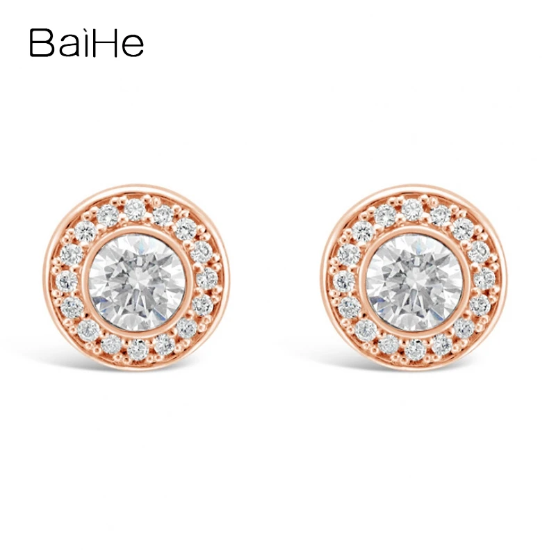 BAIHE Solid 18K White/Yellow/Rose Gold 1.30ct H/SI Natural Diamond Round Stud Earrings For Women Men Trendy Wedding Fine Jewelry