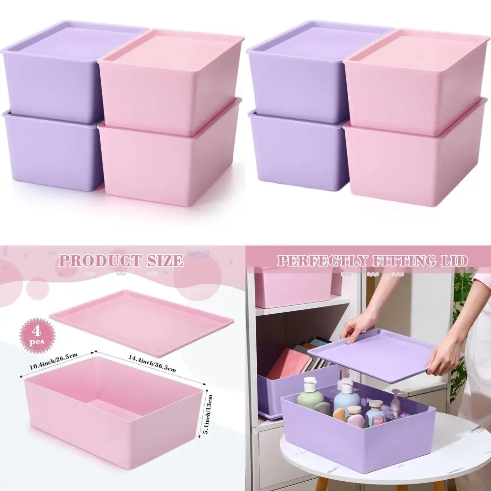 

Stackable Plastic Storage Bins with Lids for Organizing, Pink & Purple, Large Size