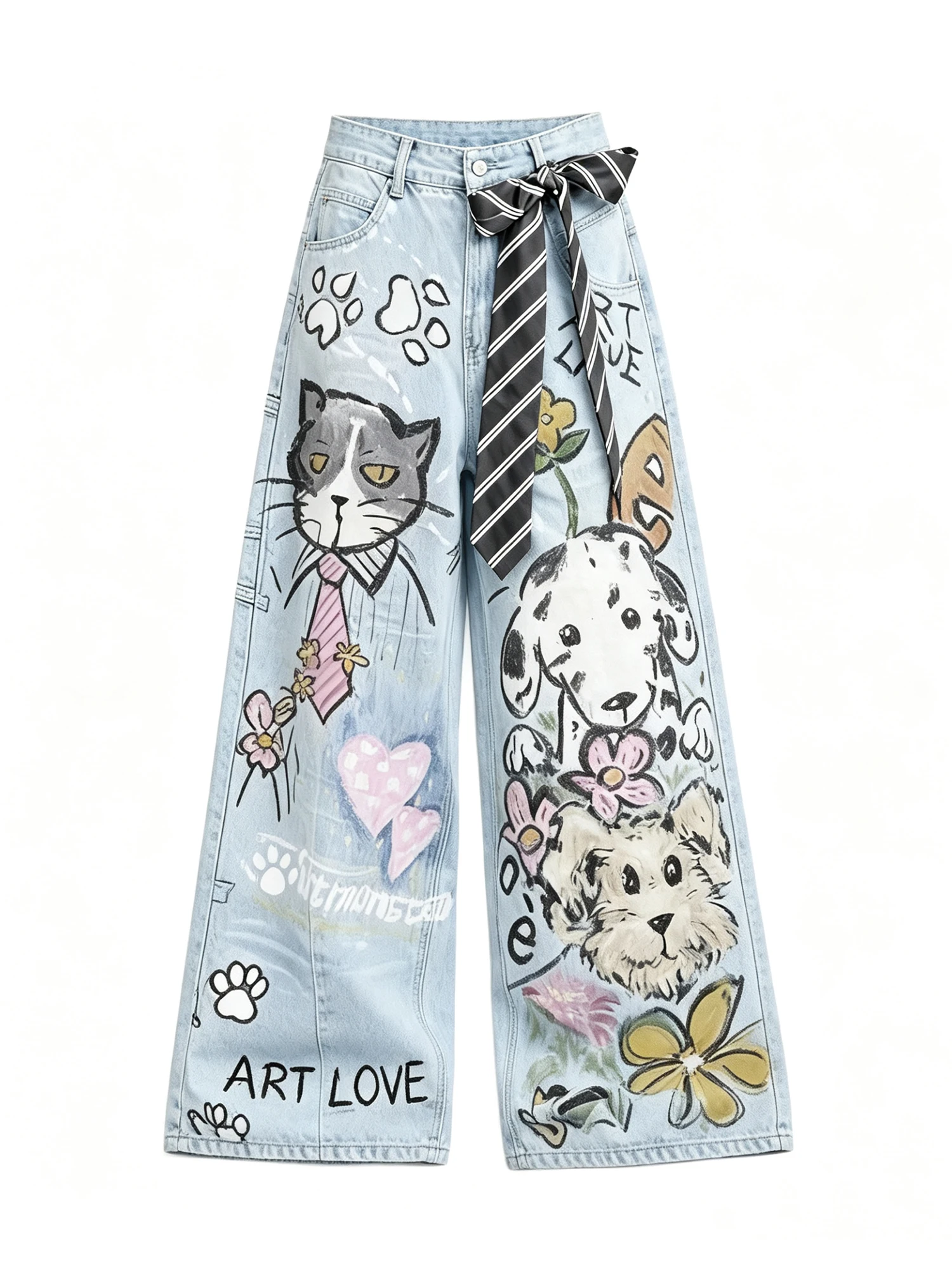 

Women Hand-painted Cat & Dog Graffiti Jeans Y2k Gyaru Baggy Denim Pants Vintage Grunge Wide Denim Trousers Alternative Clothes
