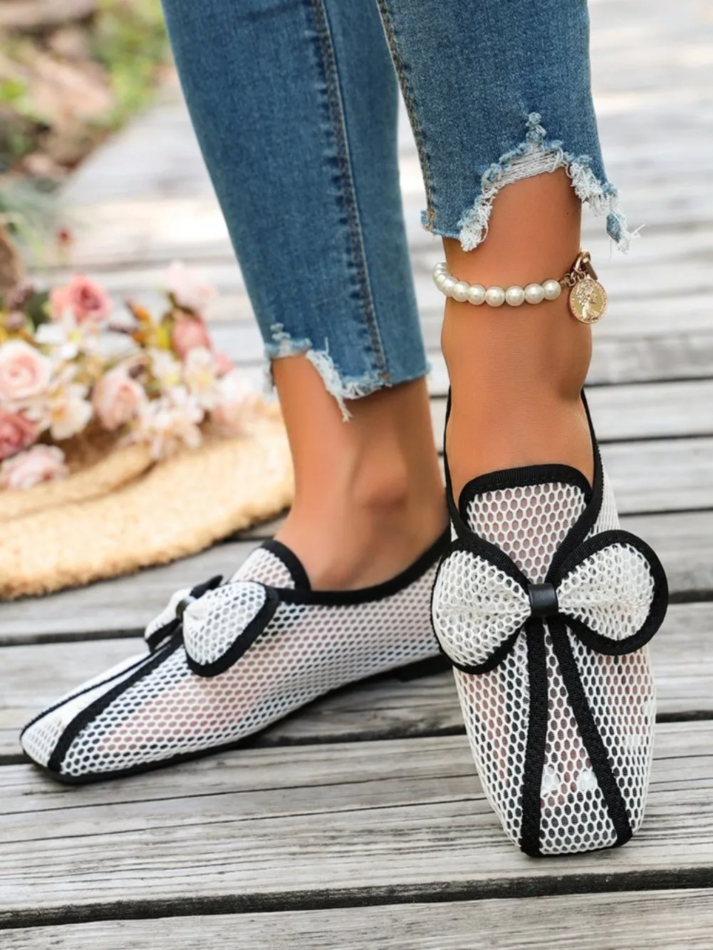 Retro Flache Schuhe Sommer Neu Quadratische Spitze Fischernetz Atmungsaktiv Hohl Ausgefallene Slip-on Baotou Halbpantoffeln Größe 42 – Detail 14