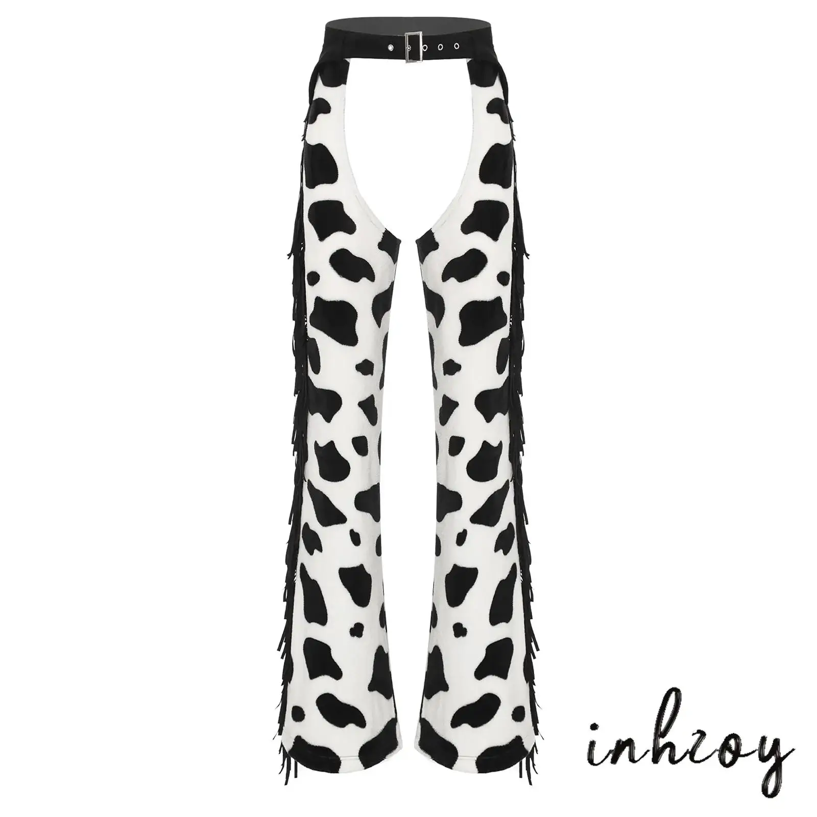

Womens Cow Spot Pattern Flannel Long Pants Adjustable Waist Open Crotch Biking Riding Cowgirl Chaps Halloween Cospaly Costume