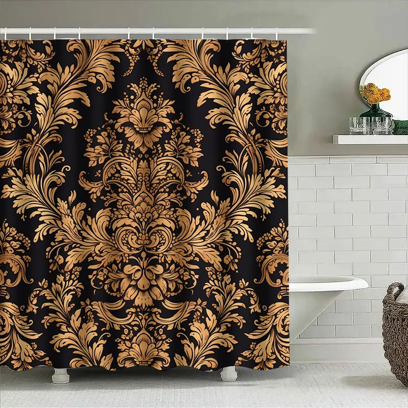 

Роскошная занавеска для душа с золотым цветочным принтом, водонепроницаемый коврик для ванной, декоративная панель, современные аксессуары для ванной комнаты, черное золото, цветочный принт, домашний декабрь