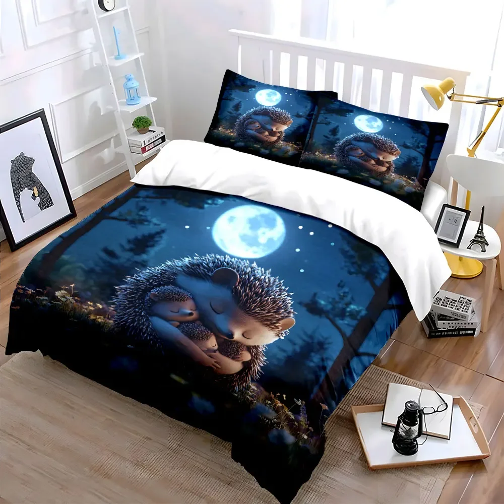 3Pcs Cozy Hedgehog Bedding Set, Mother and Baby Hedgehogs Under Full Moon Print Duvet Cover, Cute Kids Bedroom Decor